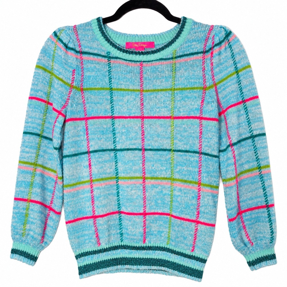 Lilly Pulitzer Hali Sweater Seabreeze XXS Wool Blend Plaid Metallic Knit Preppy